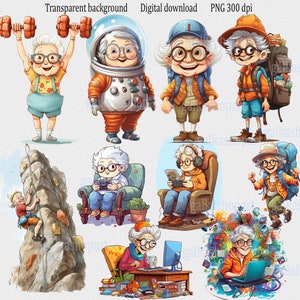 Conjunto de 10 imágenes de abuelas entusiastas en formato PNG: abuela turista, escaladora, feliz chica de informática, abuela astronauta de dibujos animados, anciana fitness
