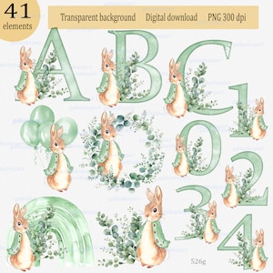 Peter Rabbit grün Alphabet & Ziffern Clipart PNG: 26 Aquarell einzelne Buchstaben, 10 Zahl und 5 Design mit floralen Häschen Monogramm Ziffer