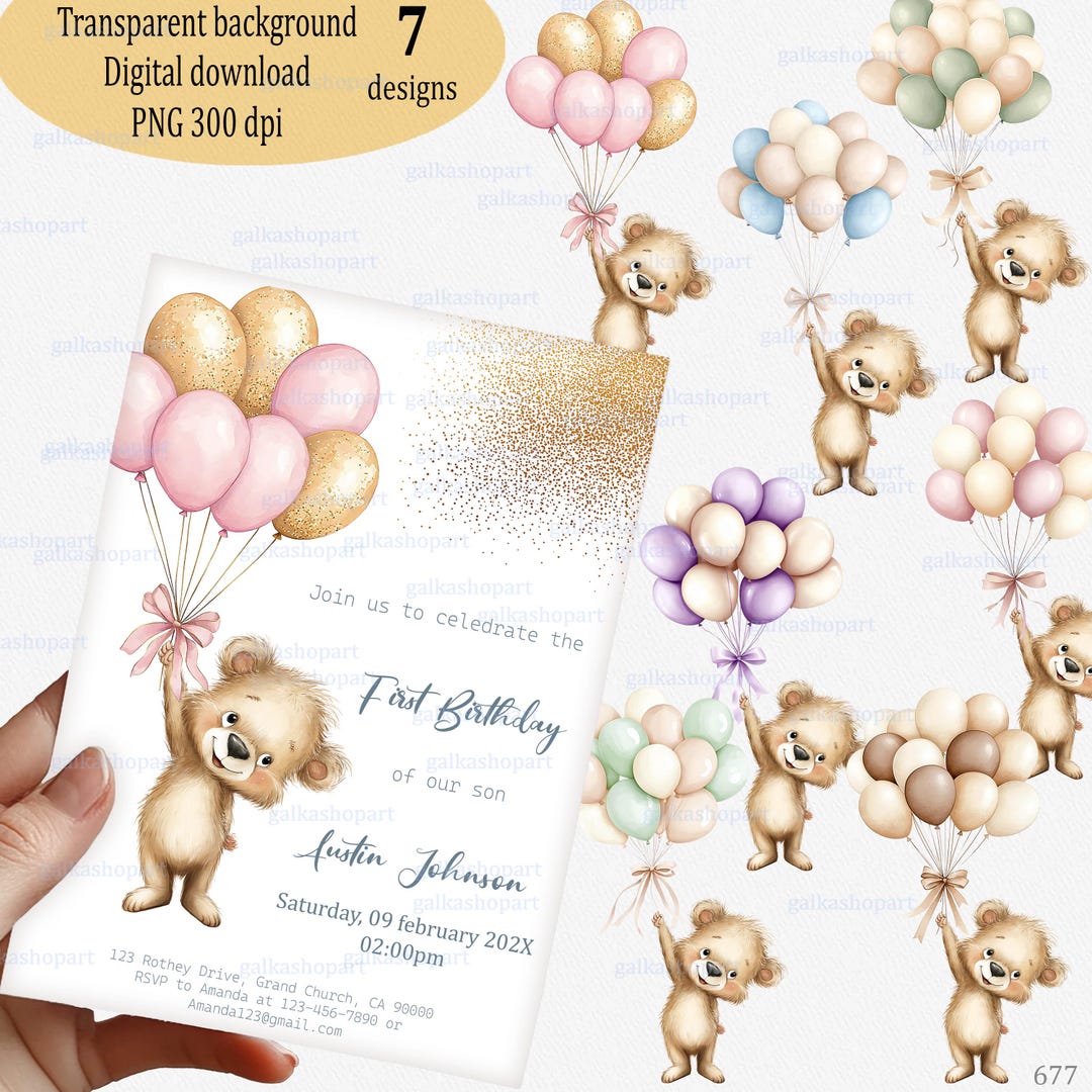 Cute Teddy Bear Balloon PNG – Watercolor Baby Shower or Birthday ...