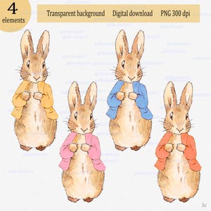 Peter Rabbit Clipart PNG mit transparentem Hintergrund: Beatrix Potter Illustration für die Kartenherstellung, orange, gelb, rosa, blau