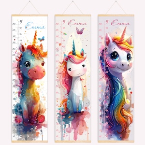 Gepersonaliseerde groeimeter eenhoorn: aangepaste lengtetabel meisje Magische muurdecoratie voor kinderkamer Cartoon dierencanvas hangend 1e verjaardag babycadeau