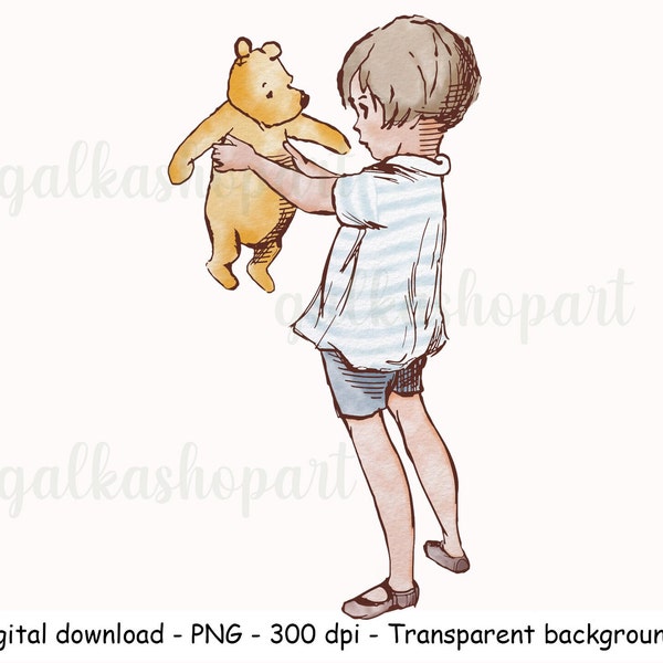 Classic Winnie the Pooh and Christopher Robin, Sublimation Design, , Baby Shower&Birthday decor, Watercolor Clipart PNG, wall art printing