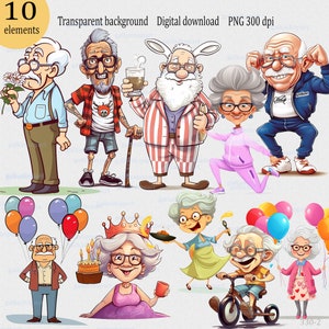 Cute Cheerful Elderly people Clipart PNG: Whimsical Old Characters, Happy birthday grandpa & grandma, cartoon grandparents, granny