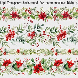 Clipart de borde navideño de acuarela; Marco floral de invierno PNG; Guirnalda de diseño sin costuras; Flor de Pascua; Ilustración digital de ramas de pino