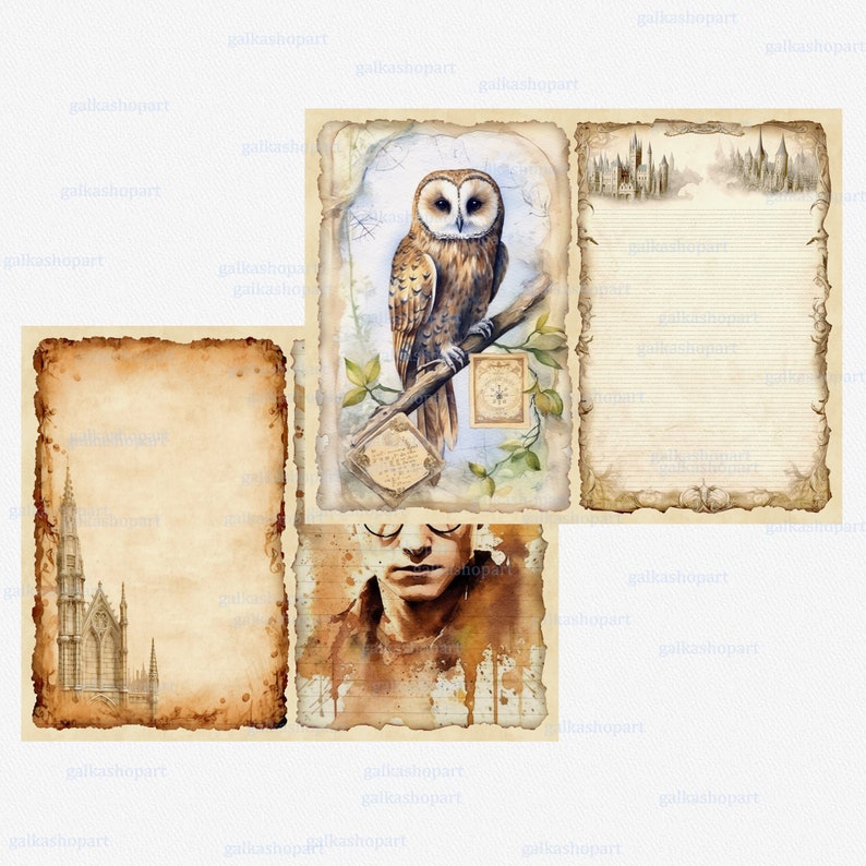 May include: A digital printable set of four vintage-style papers featuring a brown owl, a young man with glasses, a building with a spire, and a lined paper with a cityscape in the background. The papers have a distressed, aged look and are perfect for scrapbooking, journaling, or crafting.