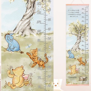 Tabla de altura clásica de Winnie the Pooh y sus amigos Regla de crecimiento personalizada Impresión de nombre personalizada Decoración de pared de guardería de género neutro Oso vintage