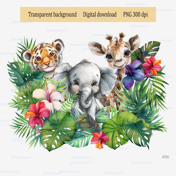 Safari animals png clipart: Wild One Baby shower decor, sublimation design, Watercolor jungle, Kids birthday, Tropical zoo theme