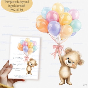 Ursinho de pelúcia aquarela com balões PNG – Clipart de urso voador para chá de bebê ou aniversário, Arte de berçário Bearly Wait, Design fofo de sublimação