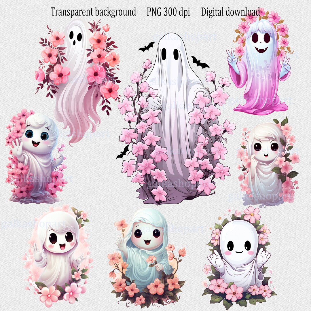 Set of 8 Cliparts Cute Flower Ghosts on Transparent Pngs Pink Etsy UK