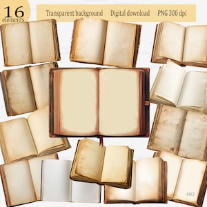16 vintage open boeken met blanco pagina's: digitale antieke png-afbeeldingen; Oude geopende boek clipart voor welkomstbord & uitnodiging; Grunge lege pagina