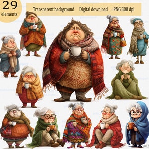 Imágenes prediseñadas de abuela divertida PNG: 29 caricaturas divertidas de ancianas con café, ancianas tristes y peculiares para sublimación, tarjetas y manualidades.