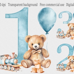 Birthday boy clipart, watercolor cute teddy bear with blue balloon and wooden toys, Sublimation design card making of one two three year old