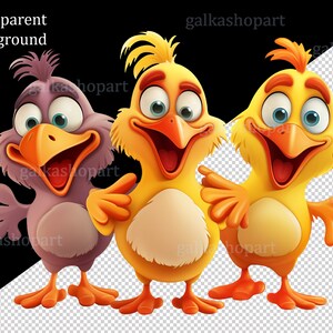 May include: Three cartoon birds with bright yellow, purple, and orange beaks. The birds are all smiling and have large, round eyes. The bird on the left is purple, the bird in the middle is yellow, and the bird on the right is yellow.