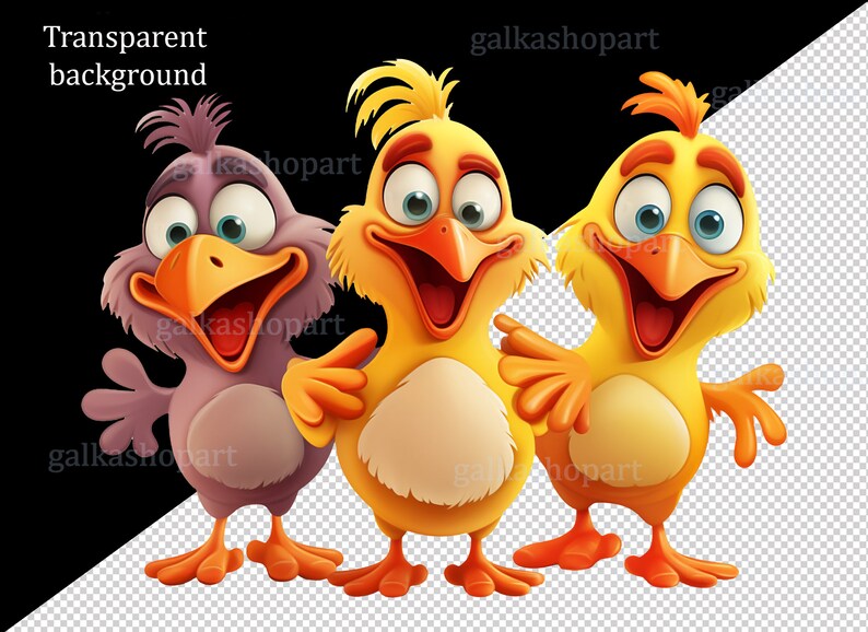 May include: Three cartoon birds with bright yellow, purple, and orange beaks. The birds are all smiling and have large, round eyes. The bird on the left is purple, the bird in the middle is yellow, and the bird on the right is yellow.