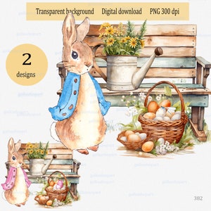 Pierre lapin avec panier d'oeufs de Pâques près d'un banc PNG Design : aquarelle jardinage lapin, fleurs de printemps dans un arrosoir, clipart garçons et filles