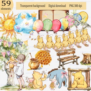 Bundle of images with Classic Winnie the Pooh and friends and other elements: Baby Shower & Birthday decor, watercolor bear clipart PNG