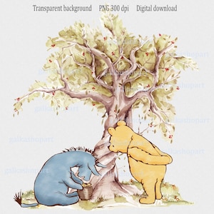 Clipart clássico do Ursinho Pooh e do Bisonho PNG: Design em aquarela para sublimação e impressão, Ilustração para arte de parede de berçário