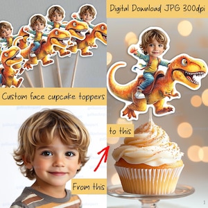 Personalisierte Gesicht Cupcake Topper, Dinosaurier Reiter, bedruckbare benutzerdefinierte Tyrannosaurus Foto, T-rex Dino Geburtstag Party Dekor, kundenspezifische Aufkleber