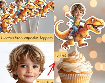 Personalized face cupcake topper, Dinosaur rider, Printable custom Tyrannosaurus photo, T-rex dino birthday party decor, Customized sticker