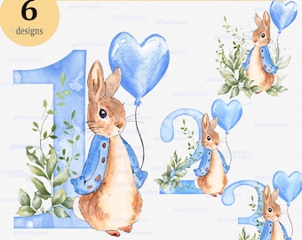 Peter Rabbit Birthday PNG Clipart (Age 1-5) – Watercolor Balloons & Greenery, Sublimation Print, Baby Shower, Party Decor, Invitation Design