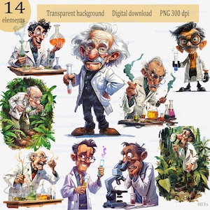 May include: A digital download with 14 cartoon illustrations of scientists in lab coats. The scientists have exaggerated features and are working with beakers, test tubes, and microscopes. The image includes the text "Transparent background", "Digital download", and "PNG 300 dpi".