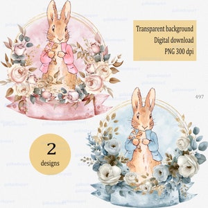 Doop of doopdag png clipart met vintage Peter Rabbit met kruis: Voeg de naam van het meisje en de jongen toe voor personalisatie Bloemenkransontwerp