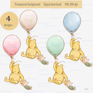 Winnie the Pooh y Piglet clásicos en globos de colores pastel, oso y cerdo vintage, diseño para baby shower y cumpleaños, clipart de acuarela PNG