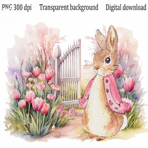 Flopsie Bunny Clipart, Peter Rabbit im Garten mit Tulpen, Aquarell Clip Art, Sublimationsdruck png, Kindergeburtstag & Baby Shower Design