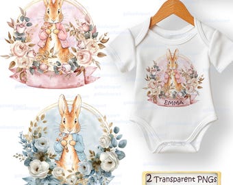 Baptism Christening PNG Clipart, Vintage Peter Rabbit Holding Cross, Personalized Girl Boy Floral Wreath