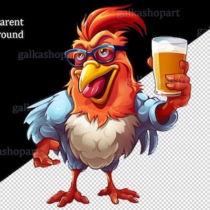 May include: A cartoon rooster wearing blue jeans and glasses holds a glass of beer. The rooster has a red comb and wattle, and a yellow beak. The background is transparent.