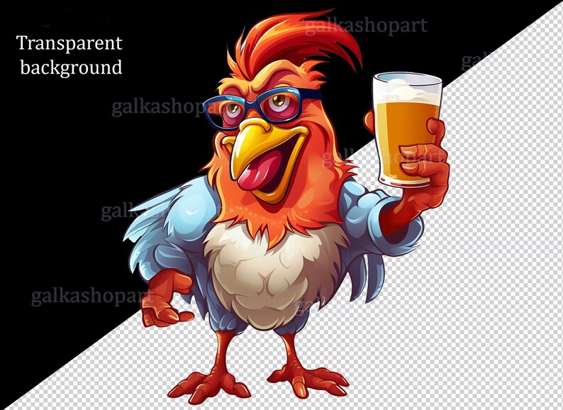 May include: A cartoon rooster wearing blue jeans and glasses holds a glass of beer. The rooster has a red comb and wattle, and a yellow beak. The background is transparent.