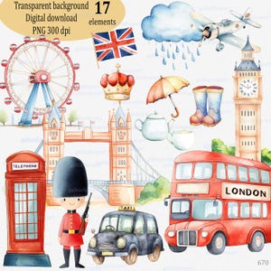 Acuarela de Londres PNG: Arte del 80.º aniversario del Día de la Victoria en Europa, Monumentos, Autobús rojo, Taxi negro, Cabina telefónica, London Eye, Bandera británica
