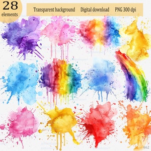 28 PNG de salpicaduras de acuarela brillante clipart: Trazo de pincel Textura minimalista Fondo abstracto Salpicadura de pintura Arco iris y acuarela pastel