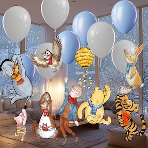 May include: A whimsical illustration featuring characters from Winnie the Pooh, including Pooh Bear, Piglet, Tigger, Eeyore, Owl, Rabbit, and Roo. The characters are accompanied by white and light blue balloons, a beehive, and bees. The scene is set against a snowy window backdrop.