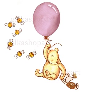 Design classique en sublimation Winnie l'ourson, clipart aquarelle pour baby shower, décoration d'anniversaire, ours et cochon sur ballon, découpage, PNG transparent