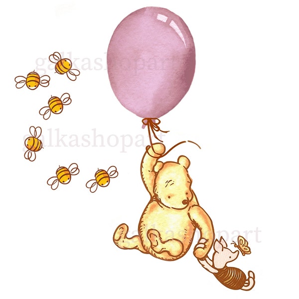 Classic Winnie the Pooh Sublimation Design, Watercolour Baby Shower Clipart, Birthday Decor, bear&pig on balloon, Decoupage, Transparent PNG