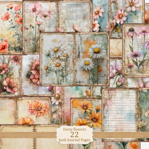 Aquarel Daisy Junk Journal Kit: 22 vintage afdrukbare bloemenpagina's, botanisch papier voor scrapbooking, collage, kaarten maken en knutselen