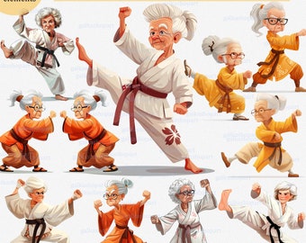 Funny Old Lady Athlete Clipart PNG: Karateka women in a fighting pose, Cute cartoon kung-fu grandmother, Granny leading an active lifestyle