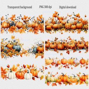 Clipart de bordes de calabaza de acuarela: conjunto de 7 imágenes prediseñadas de bordes de otoño sin costuras en formato PNG, marco de otoño, diseño de guirnalda de hojas