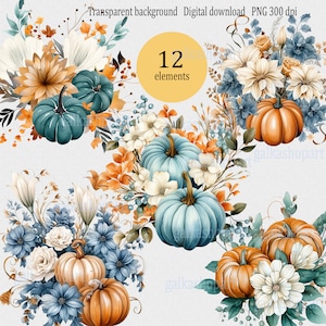 Conjunto de 12 calabazas azules en acuarela, clipart PNG: ramos de otoño, gráficos otoñales, diseño de sublimación, ilustración floral verde azulado de Acción de Gracias
