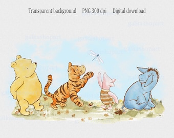 Classic Winnie the Pooh Sublimation Design, Baby Shower&Birthday party decor, Watercolor Clipart PNG bear and friend gender neutral wall art