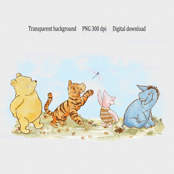 Classic Winnie the Pooh Sublimation Design, Baby Shower&Birthday party decor, Watercolor Clipart PNG bear and friend gender neutral wall art