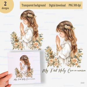 初聖体拝領PNG、ベージュの花柄昇華デザイン、堅信礼、祈る少女、水彩画のキリスト教クリップアート、招待状作成