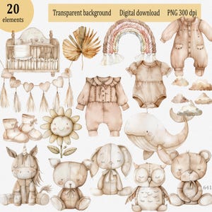 Bonjour bébé Clipart PNG dans un style bohème vintage : illustration nouveau-né aquarelle beige et marron pour décoration de chambre d'enfant sublimation baby shower