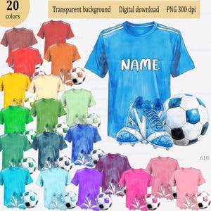 Disegno png di sublimazione di calcio per la personalizzazione; aggiungi il tuo nome; scarpe da calcio, maglia, pallone; clipart ad acquerello per progetti a tema sportivo