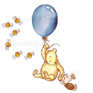 Classico disegno a sublimazione di Winnie the Pooh, Clipart ad acquerello per baby shower, Decorazioni per compleanno, Orso e maiale su palloncino, Decoupage, PNG trasparente