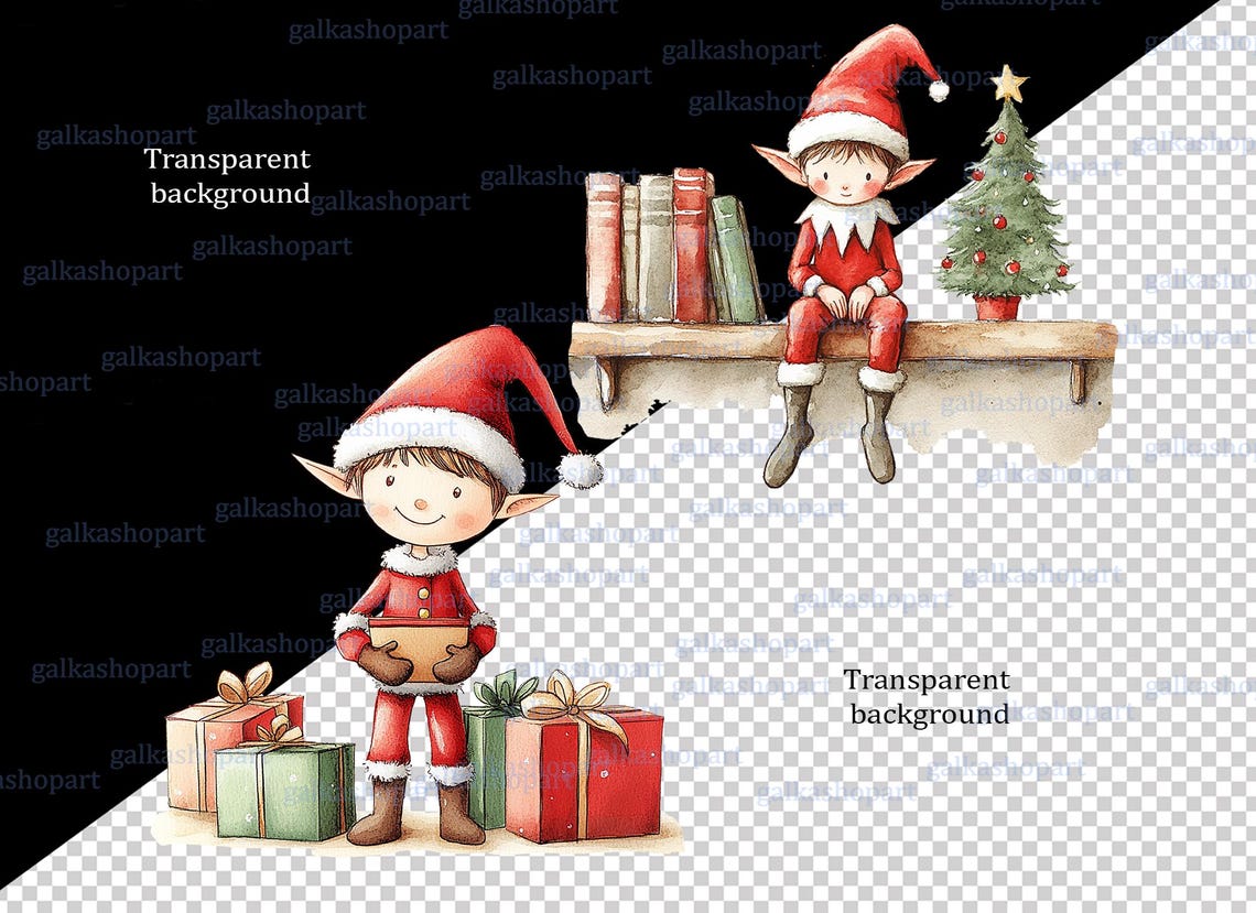 Watercolor Christmas Elf Clipart PNG: Red Santa's Helpers With Shelf ...