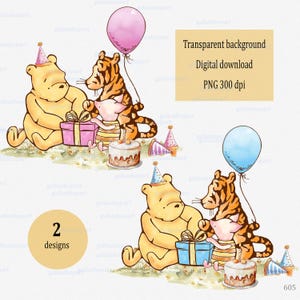 Classic Winnie the Pooh with Friends in Birthday Party Scene Clipart PNG: Watercolor design for sublimation and printing, Nursery wall art