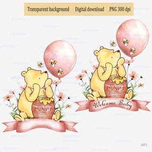 Diseño PNG de sublimación clásico de Winnie the Pooh, oso en el césped con miel y globo rosa, clipart para baby shower o cumpleañera de cualquier edad