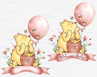 Classic Winnie the Pooh sublimation PNG design, Bear on lawn with honey & pink balloon, clipart for baby shower or birthday girl any age